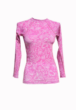 camiseta feminina para surfar, estampa pink ocean, lycra feminina para surfar Sicrupt Beachwerar